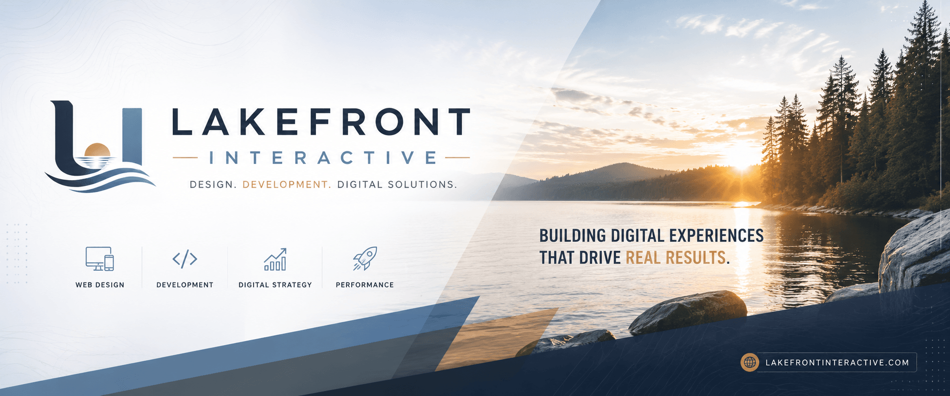 Lakefront Interactive brand banner over a lake at sunrise